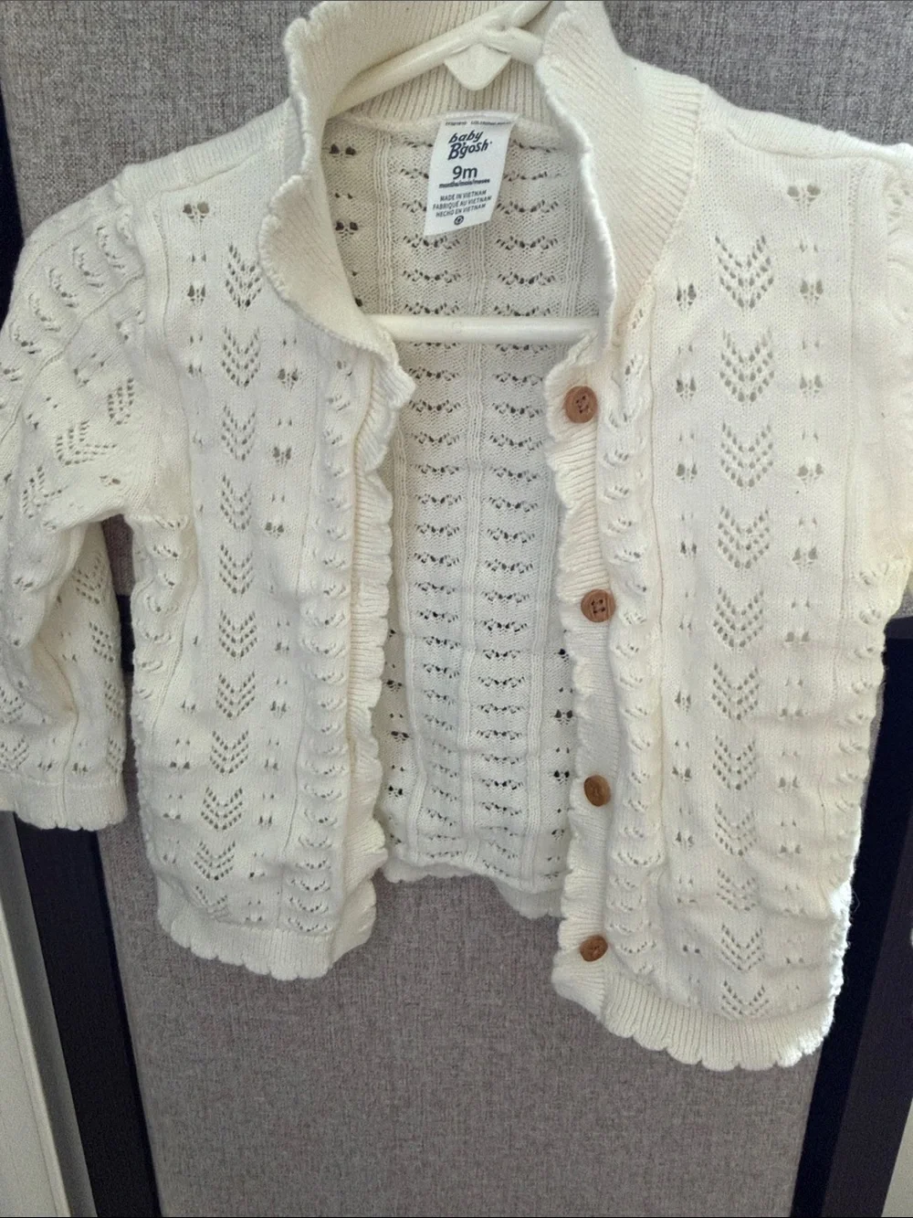 Baby Girl Cardigan- Cream Eyelet Knit Scallop-Trim